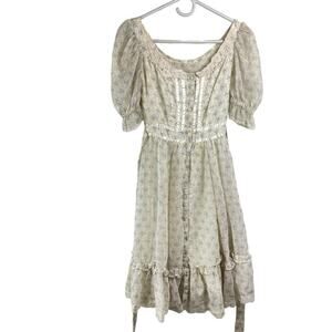 Vintage Gunne Sax Floral Button Front Ruffle Lace Trim Midi Dress White Size 0-2